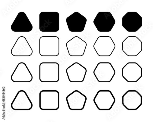 Set of simple basic geometric forms with rounded corners. Triangle and square, pentagon and hexagon, octagon shapes isolated on white background. Vector graphic illustration.