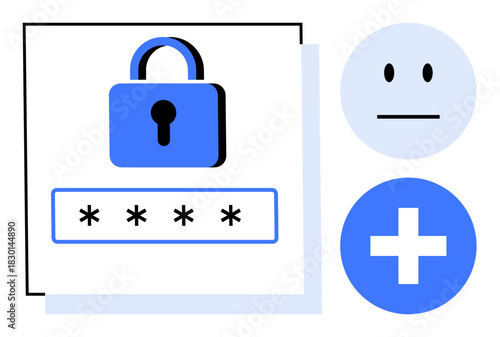 Lock, password entry field with masked input, neutral placeholder face, and add user icon. Ideal for user authentication, privacy, account creation, authorization, security management identity
