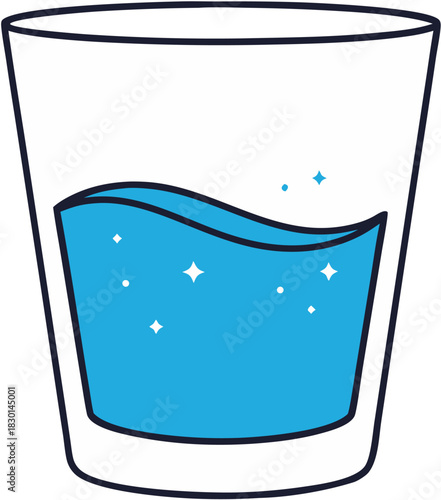 Simple cartoon illustration of a glass filled halfway with sparkling blue water