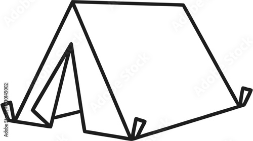 Simple black and white line art drawing of a camping tent