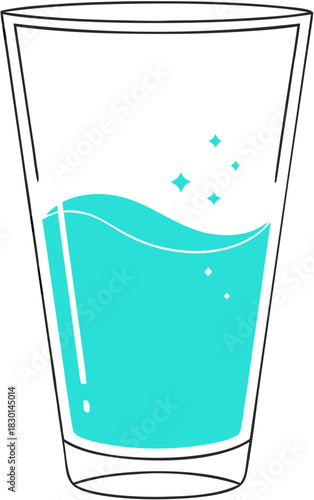 Simple line art illustration of a glass halffilled with sparkling blue liquid