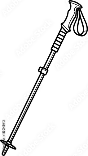 Black and white line drawing of a single adjustable trekking pole