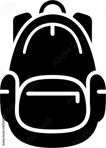 Black and white silhouette icon of a simple backpack or rucksack for travel or school