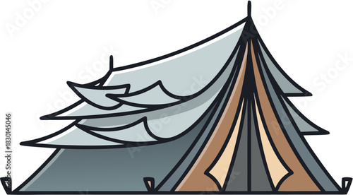 Illustration of a large canvas tent with layered roof structure for camping or outdoor adventure