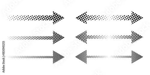Set of black arrow and double arrow symbols with halftone, noise or grainy texture isolated on white background. Dotted directing signs in anime cartoon style. Vector graphic illustrations.