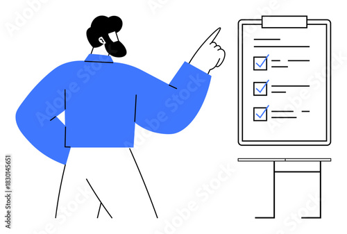 Person gesturing towards a flipchart with checklist items and checkmarks. Ideal for teamwork, productivity, planning, goal setting, project management, organization, and decision-making concepts