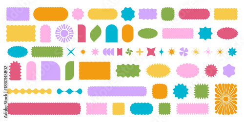 Collection of colorful sun and arch, rectangle and square, oval and circle shapes with scallop edges. Cute forms with curvy borders. Empty boxes, stickers, tags or labels. Vector flat illustration.