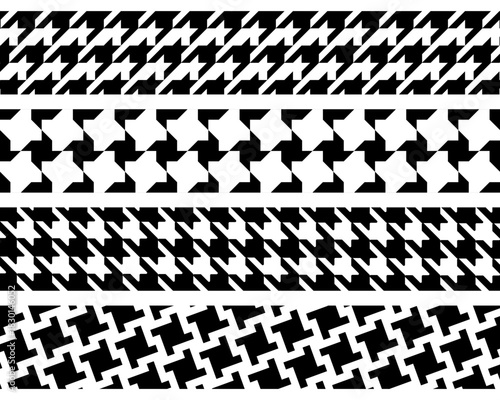 Borders with houndstooth and pepita patterns isolated on white background. Black and white tweed texture. Retro textile print for plaid, scarf or cloth. Classic geometric design. Vector illustration.