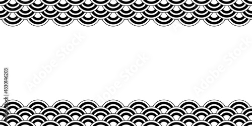 Top and bottom borders with traditional Japanese seigaiha pattern and space for text. Black and white sea or ocean waves print. Fish squama or dragon scale. Vector graphic illustration.