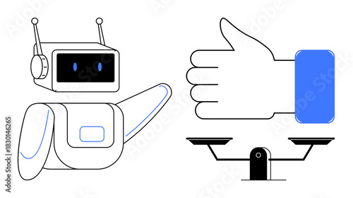 Robot pointing at thumbs-up and scale, representing innovation, ethics, trust, fairness, balance, AI, responsibility. Ideal for AI ethics trust in technology decision-making tech values balance