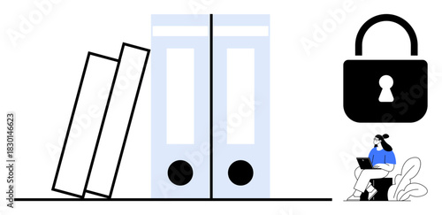 Data security concept. Data security by file storage, digital lock, and individual using a laptop. Data security ensures organization, protection, and privacy. For cybersecurity, digital management