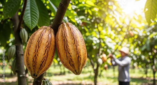 Cacao Pods Hanging on a Tree with a Farmer in the Background