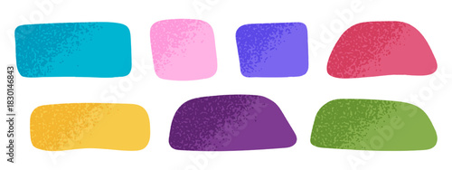 Set of cute text boxes with gritty texture in doodle style. Organic shapes for tags, labels or speech bubbles isolated on white background. Hand drawn asymmetric forms. Vector flat illustration.