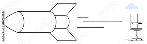 Rocket launching toward office chair, suggesting innovation, speed, and creative workplace synergy. Ideal for progress, technology, business growth, workplace productivity, futuristic ideas comfort
