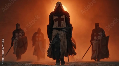 Knights templar walking toward sunset in dusty battle gear
