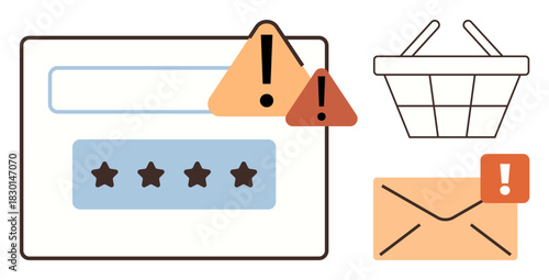 Login form with password stars, warning icons, email envelope, and shopping basket. Ideal for cybersecurity, data protection, online shopping safety, account management, fraud prevention caution