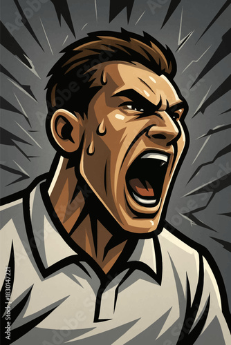 Man screaming in anger with sweat dripping down his face against a gray burst background design
