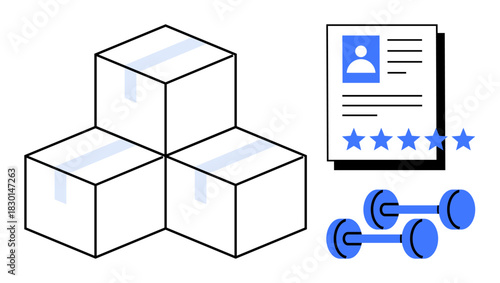 Stacked shipping boxes, a customer profile with star ratings, and dumbbells. Ideal for e-commerce, logistics, customer satisfaction, fitness, ratings, online shopping business strategy