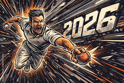Dynamic cricket player diving to catch the ball with 2026 in the background action illustration