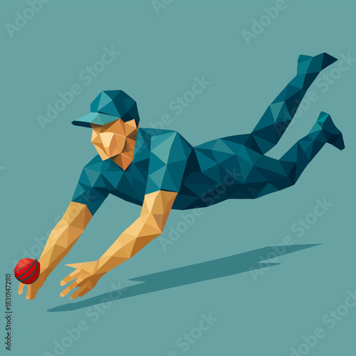 Low poly cricket fielder dives to catch the ball in a geometric sports illustration design style
