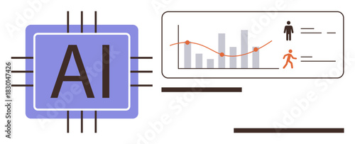 AI processor chip with data chart showing bar graph, line trends, and human icons. Ideal for technology, analytics, innovation, progress, research automation and strategy concepts. Simple flat