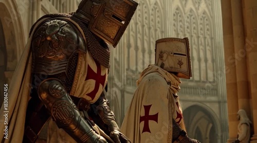 Knights Templar Kneeling in Prayer Inside a Majestic Cathedral