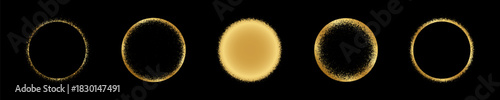 Set of luxury golden rings with gritty texture. Gold round shapes with scatter or mezzotint effect borders isolated on black background. Solar eclipse design elements. Vector illustration.