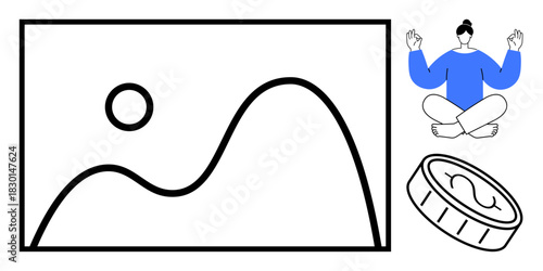 Minimalistic landscape, meditator in cross-legged pose, coin on side. Ideal for mindfulness, balance, self-care, finance, minimalism growth focus. Simple flat metaphor