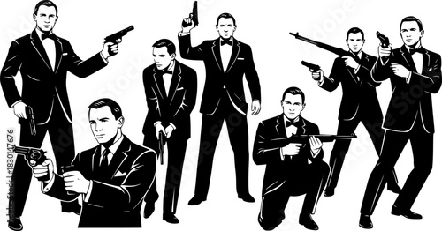 Silhouettes of Elegant Men in Suits with Guns – Bow Tie and Weapon Pose – Bond-Inspired Vector Illustration on White Background for Spy or Action Themes