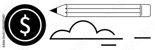 Pencil, dollar coin, and simplified cloud symbolize creative thinking, finance, and innovation. Ideal for business, design, education finance creativity minimalism modern concepts. Simple flat