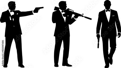 Silhouettes of Elegant Men in Suits with Guns – Bow Tie and Weapon Pose – Bond-Inspired Vector Illustration on White Background for Spy or Action Themes