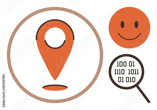 Orange location pin inside circle, a happy face, and magnifying glass over binary code. Ideal for navigation, data analysis, technology, emotions, exploration simplicity digital context. Bold