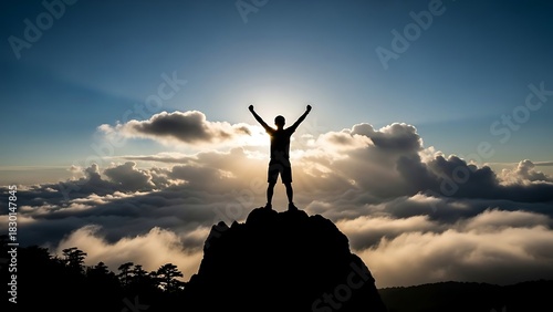 Silhouette of a triumphant person with arms raised in victory atop a mountain peak at sunrise symbolizing achievement and success