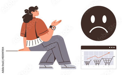 Woman gesturing in concern, analyzing a graph with declining trends, sad face icon. Ideal for business, analytics, retail loss, e-commerce struggles, market challenges, financial downturn simple