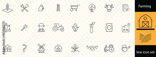 farm, gardening, smart farm, farm animals, seeding, farmer and more. Editable stroke. Vector illustration