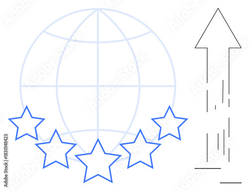 Globe with five stars symbolizing global excellence, alongside an upward arrow indicating growth. Ideal for success, progress, achievement, global business, performance, development productivity. A