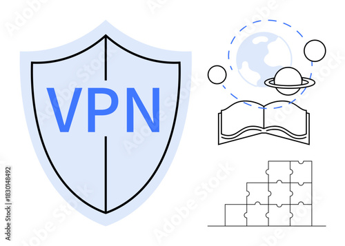 VPN concept. VPN shield secure internet access and data protection. VPN ensures safe online learning, global connectivity, and step-by-step problem-solving. For cybersecurity, education