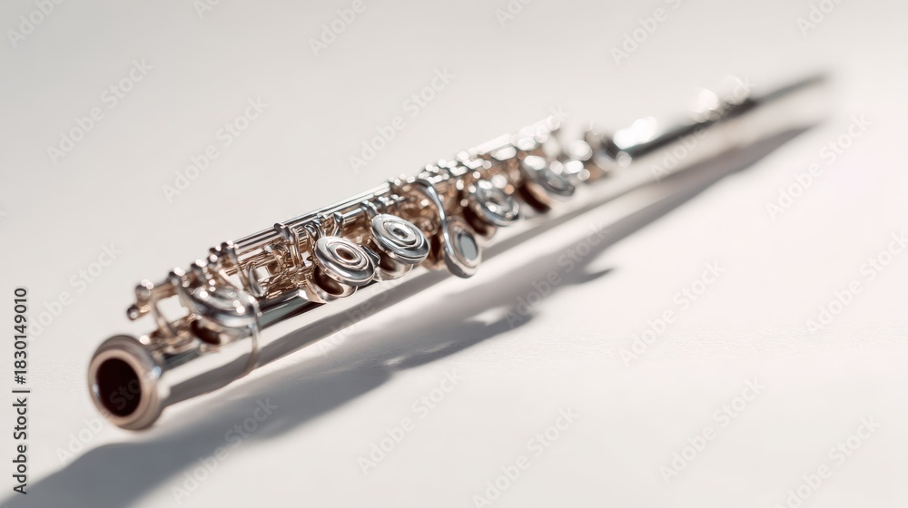 Fototapeta premium Artistic composition: flute slightly angled with soft light and shadow on white background