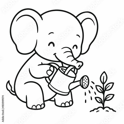 Nurturing Life: A playful elephant tends to a small plant with a watering can, embodying care and growth, illustrated with clean lines and a friendly aesthetic.