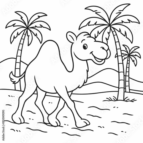 Desert Journey of a Camel: A resilient camel strides confidently across the sandy expanse, guided by the soothing presence of palm trees, with the sun beating down and the dunes rolling away.