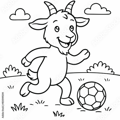 Goat's Game: Playful goat joyfully plays football on the field, expressing cheerful energy and sportsmanship.