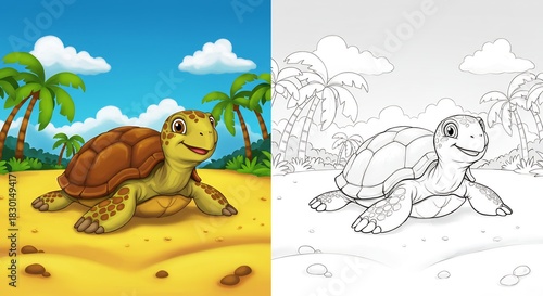 Smiling cartoon turtle on a sunny beach with its blackandwhite coloring page version