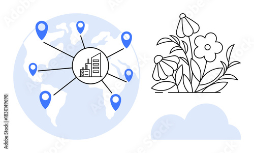 Globe with network pins connecting an urban hub, floral growth symbolizing nature, and a subtle cloud. Ideal for global collaboration, sustainability, eco-technology, innovation, growth, nature