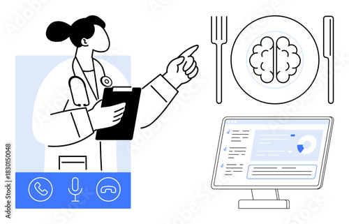 Doctor with clipboard pointing, plate with brain between cutlery, computer screen displaying data. Ideal for mental health, telemedicine, nutrition, education, technology, wellness simple flat