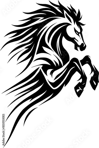 Stylized black horse rearing up with a flowing mane and tail in a dynamic powerful tribal design