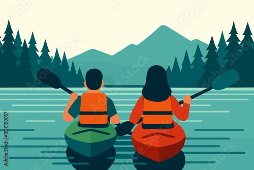 Couple kayaking on a serene lake surrounded by mountains and trees enjoying nature and outdoor adventure