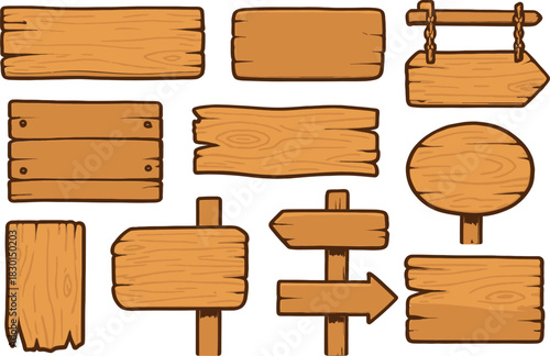 Assorted wooden sign collection featuring various shapes and textures for rustic designs and wayfinding