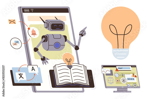 Robot interacting with open book, light bulb symbolizing ideas, translation app, and navigation tools on a tablet and computer. Ideal for education, AI, innovation, e-learning, automation
