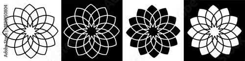 Four stylized flower designs are displayed in alternating black and white squares.