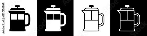 Set of four French press coffee maker icons in solid and line art styles. Vector illustration of a glass coffee pot or cafetiere for brewing